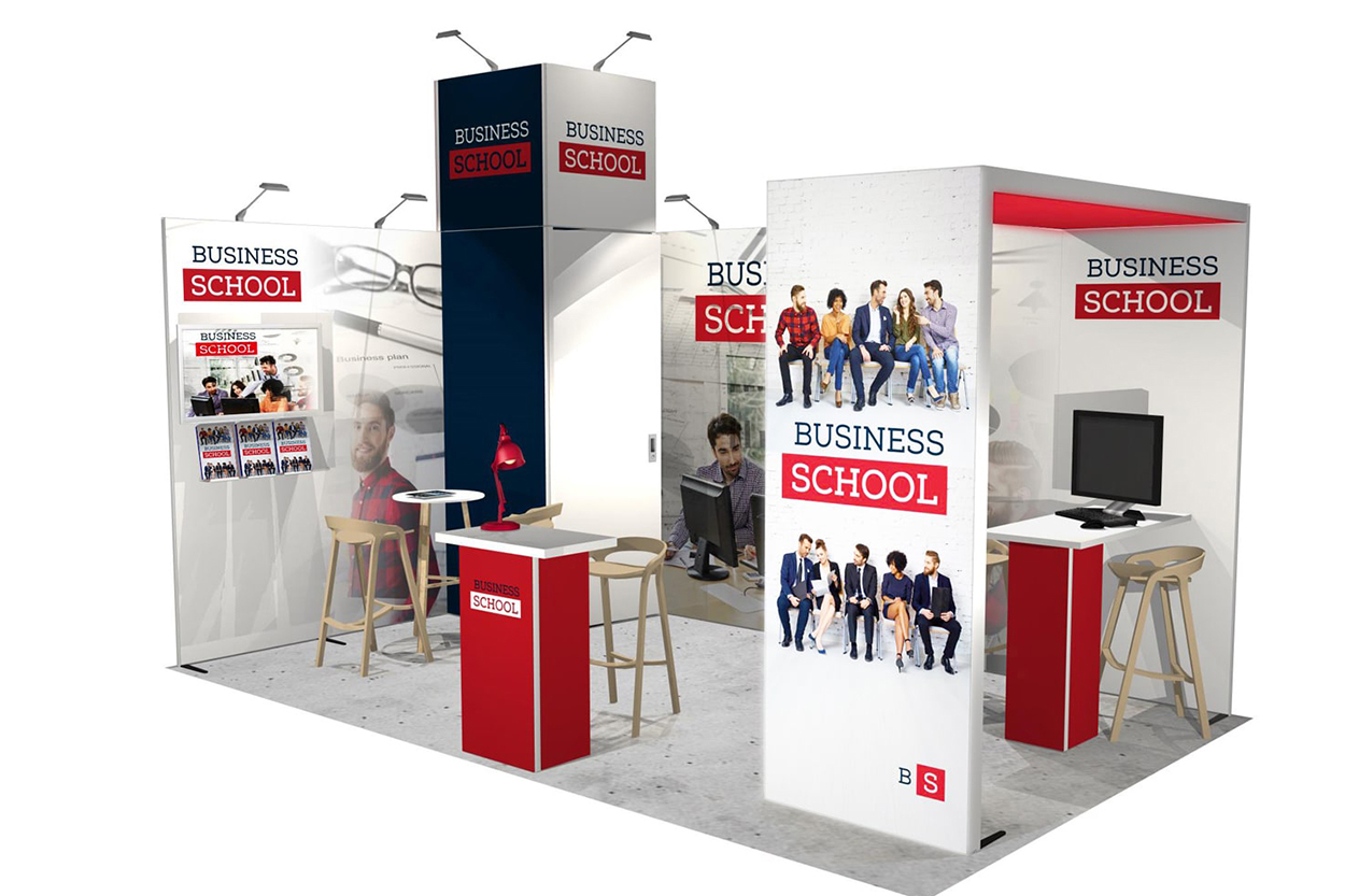 Stand d'exposition complet avec visuels personnalisés, solution de PLV et communication événementielle conçue par Griffe Communication à Pau et Mont-de-Marsan.